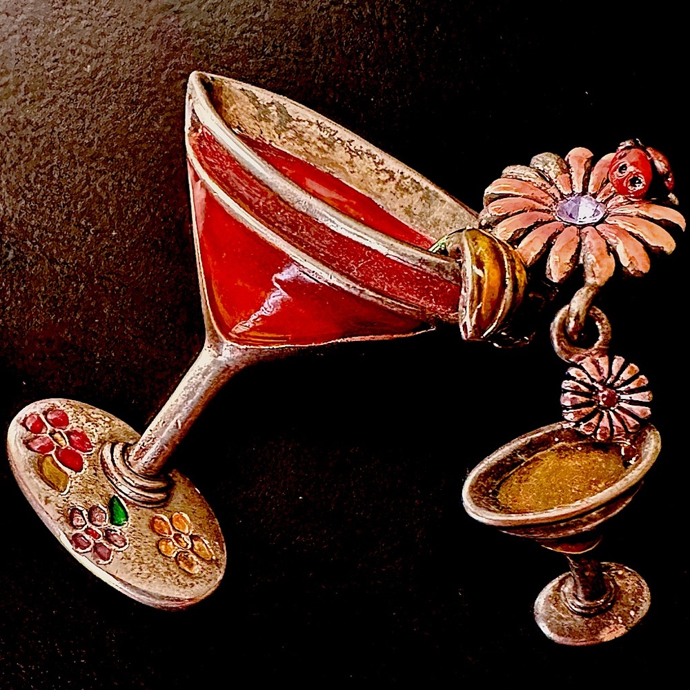 Cocktail Vintage Broach painted metal with charm, some paint missing.